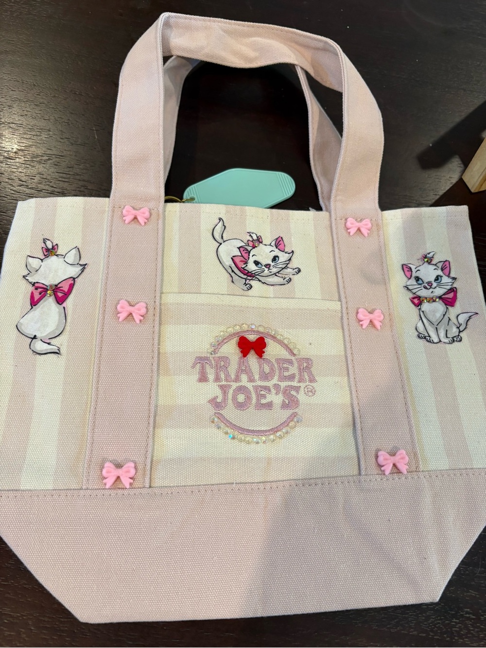 Trader Joe's Pink Stripe Cat Canvas Tote with Charm - Picture 2 of 3